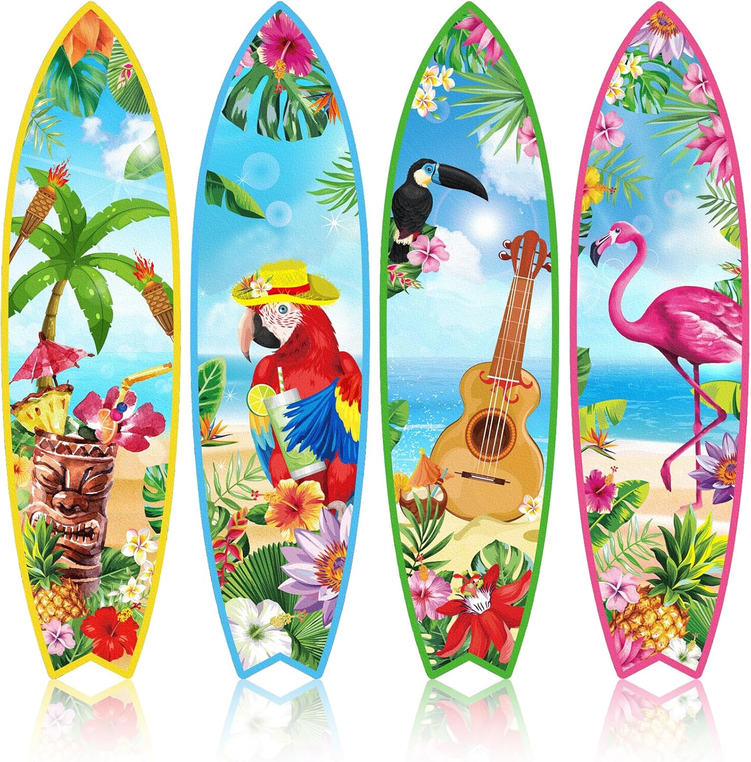 Blulu 4 Pcs Surfboard Wall Decor Surfboard Wall Hanging Sign Wooden Beach Decoration Summer Theme Decor Hawaiian Luau Party Decoration for Home Bar Aloha Tropical Birthday Party(Tiki)
