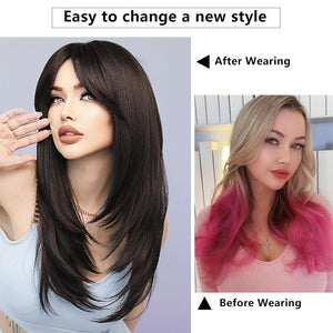 Long Natural Black Wig with Bangs Straight 100%Human Hair Wigs - Wigtrends