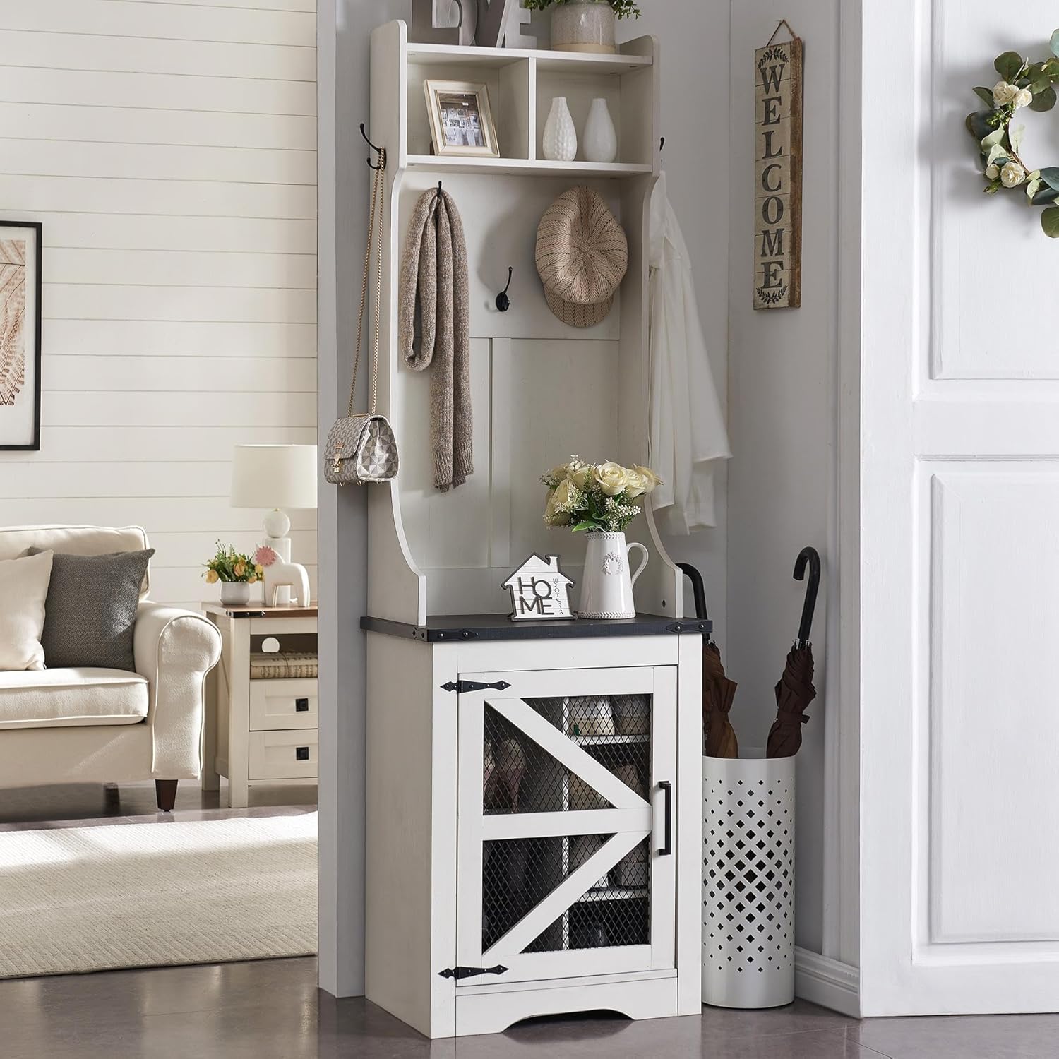 JXQTLINGMU 59" Farmhouse Hall Tree with Shoe Storage, Entryway Bench with 20 Cubbies, 12 Hooks & Sliding Barn Doors, Mudroom Coat Rack Cabinet, Off White