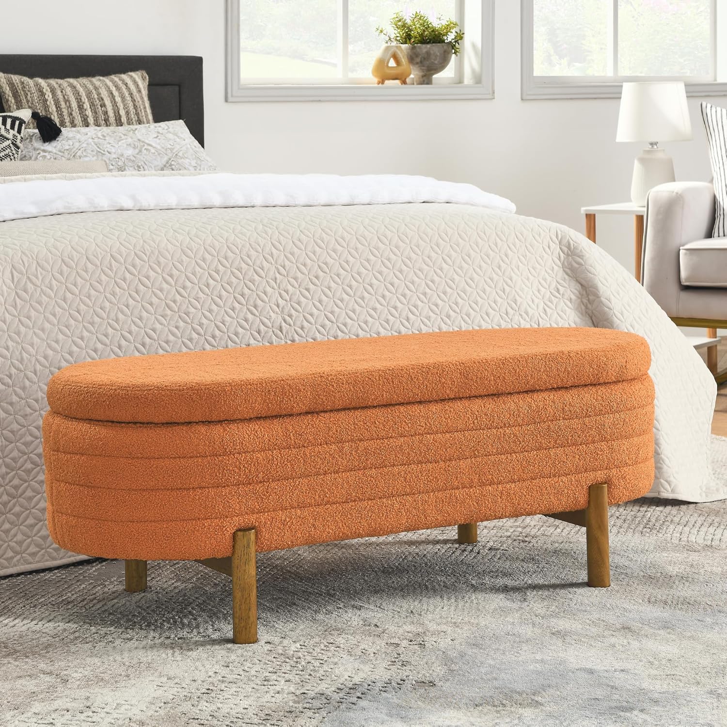Furniliving Modern Storage Ottoman Bench, Sherpa Ottoman End of Bed Bench with Solid Wood Legs Upholstered Ottoman Benches with Storage Indoor Bench for Living Room with Rolled Arm, Entryway, White