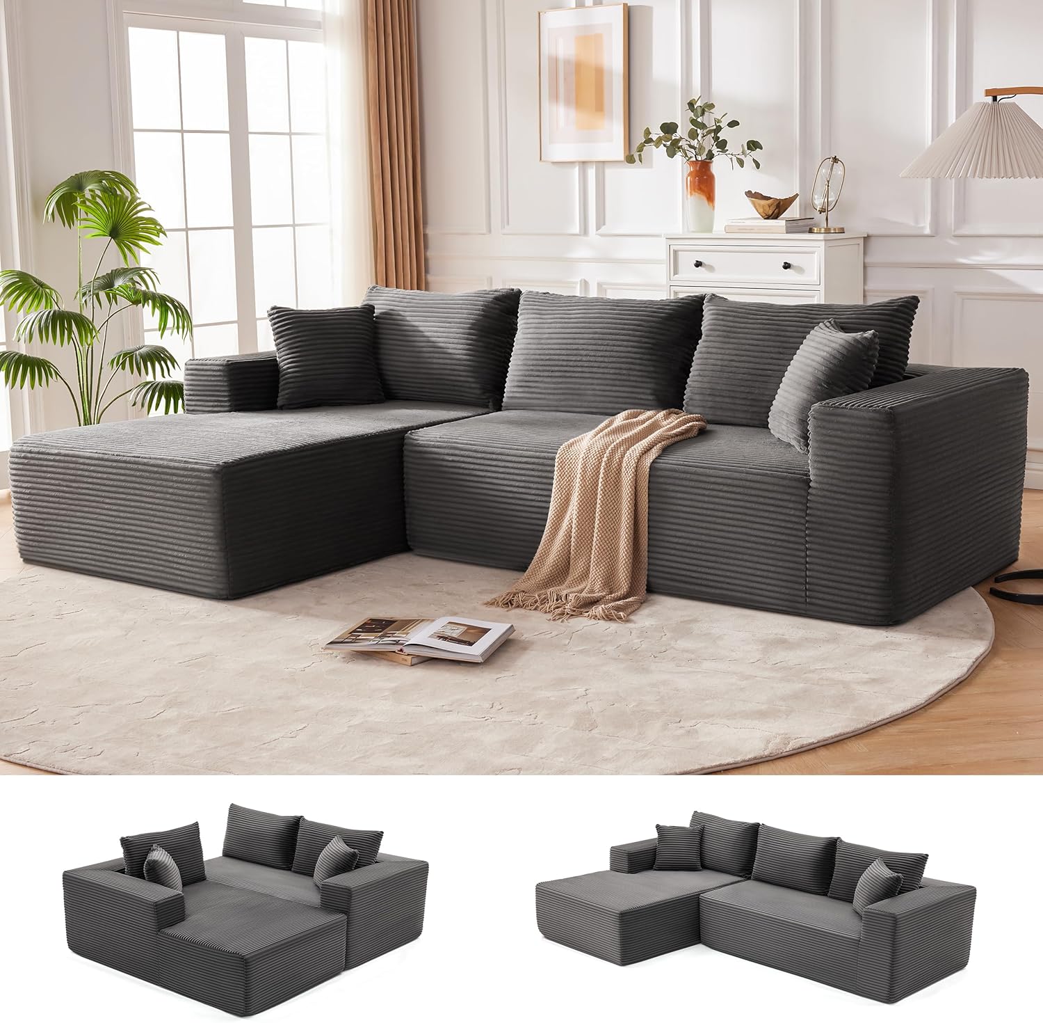 110” Cloud Sectional Couch, Boneless Sofa for Living Room, Modular Sectional Sofa with Deep Seat, Fluffy Couch with L-Shaped Chaise, No Assembly Required (Right-Facing Chaise, Dark Grey)