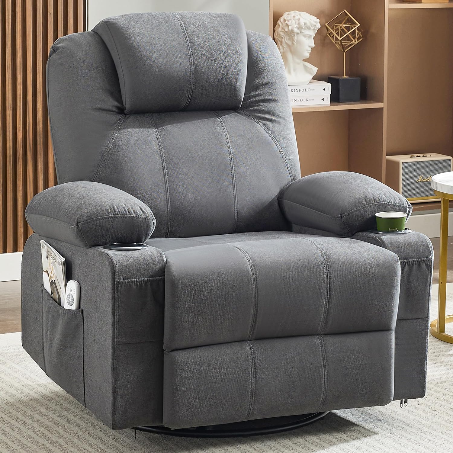 Oversized Swivel Rocker Recliner Chair with Heat and Massage, 360 Degree Swivel Rocking Single Sofa with Cup Holders and USB Port, Large Big Recliner Chair for Living Room (Leather, Brown)