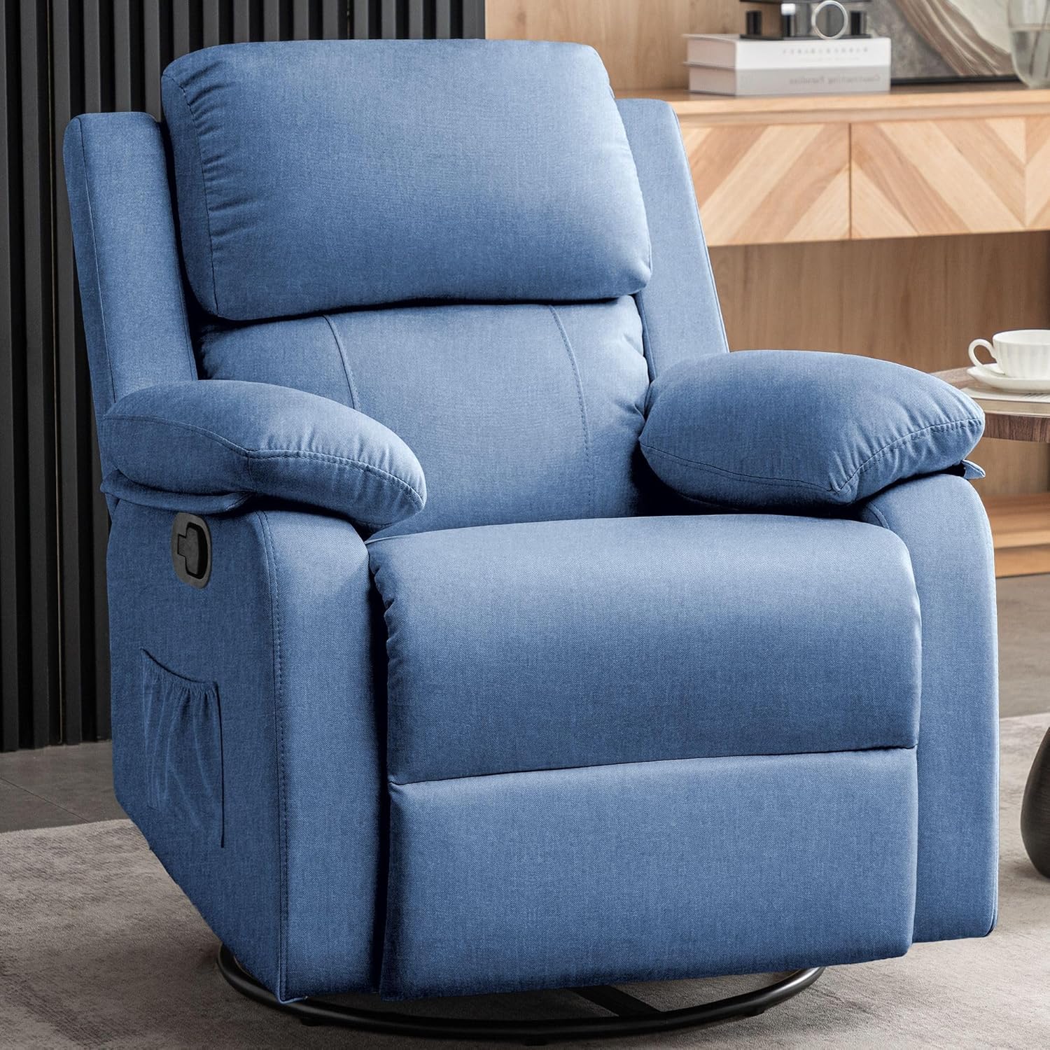 Recliner Chair, 360 Swivel Rocker Chair for Adults, Small Rocking Recliner for Small Spaces, Upholstered Fabric Glider Recliner Nursery Chair with Side Pockets for Living Room, Nursery
