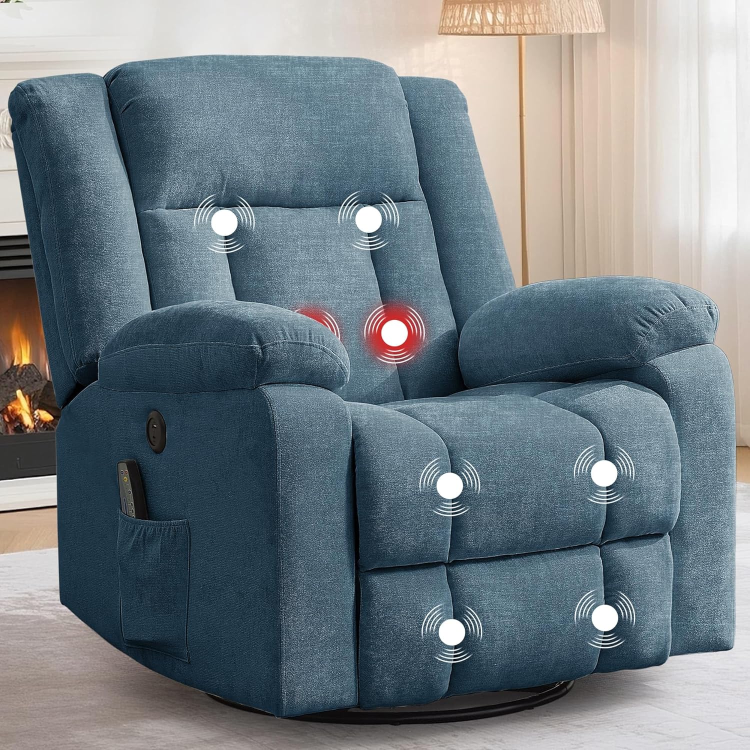 Rocker Recliner, Glider Recliner Chairs for Adults, 360° Swivel Rocking Chair with Massage and Heating, Nursery Chair with Storage and USB Charging for Living Room, Bedroom, Nursery