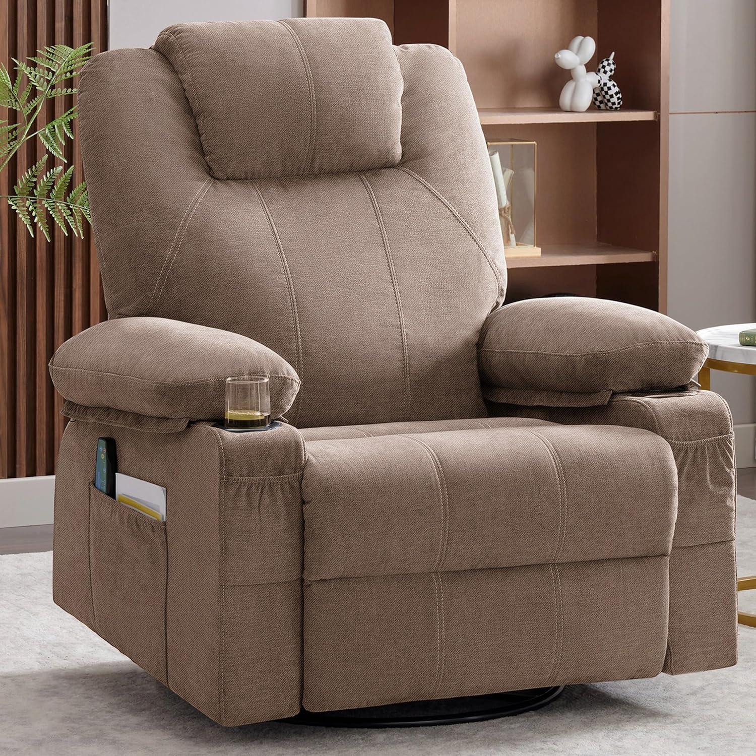 Oversized Swivel Rocker Recliner Chair with Heat and Massage, 360 Degree Swivel Rocking Single Sofa with Cup Holders and USB Port, Large Big Recliner Chair for Living Room (Leather, Brown)