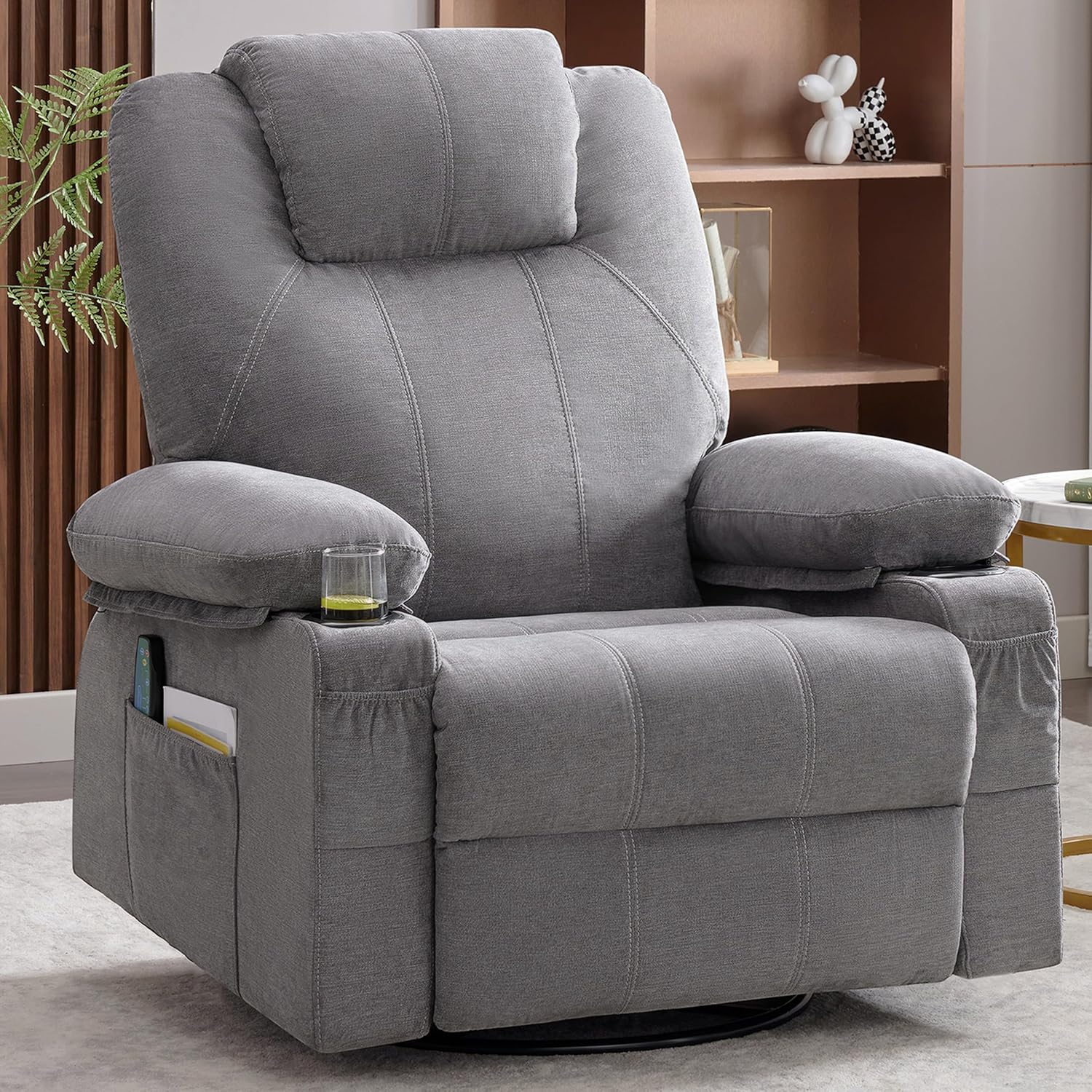 Oversized Swivel Rocker Recliner Chair with Heat and Massage, 360 Degree Swivel Rocking Single Sofa with Cup Holders and USB Port, Large Big Recliner Chair for Living Room (Leather, Brown)