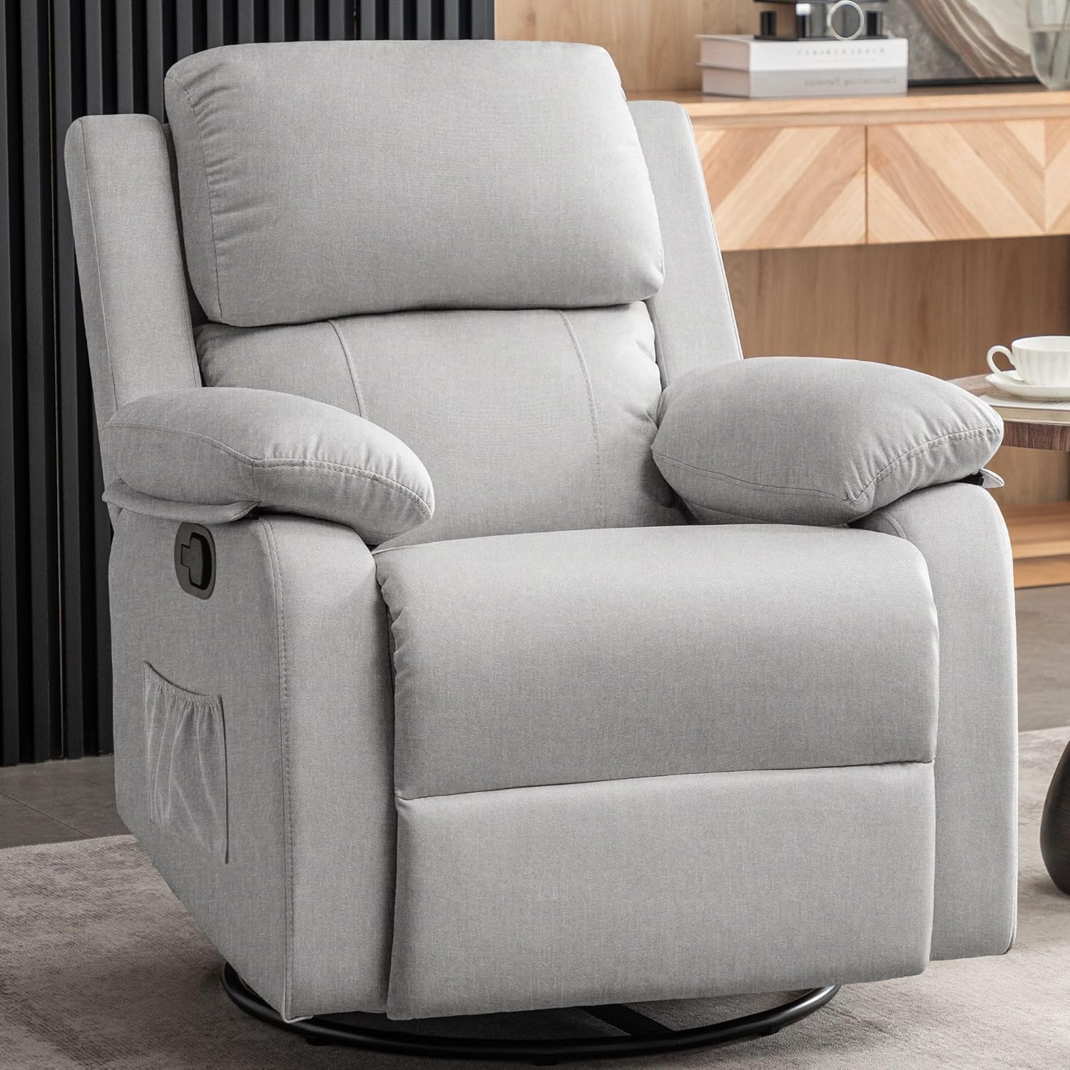 Recliner Chair, 360 Swivel Rocker Chair for Adults, Small Rocking Recliner for Small Spaces, Upholstered Fabric Glider Recliner Nursery Chair with Side Pockets for Living Room, Nursery