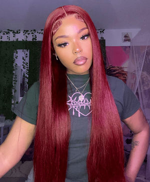#99J Burgundy Red Glueless Lace Front Human Hair Wig - Body Wave/Straight Pre - Plucked Hairline - Wigtrends