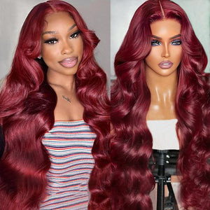 #99J Burgundy Red Glueless Lace Front Human Hair Wig - Body Wave/Straight Pre - Plucked Hairline - Wigtrends