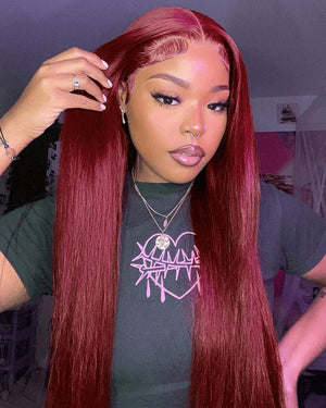 #99J Burgundy Red Glueless Lace Front Human Hair Wig - Body Wave/Straight Pre - Plucked Hairline - Wigtrends