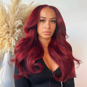 #99J Burgundy Red Glueless Lace Front Human Hair Wig - Body Wave/Straight Pre - Plucked Hairline - Wigtrends