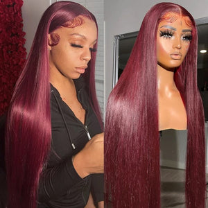 #99J Burgundy Red Glueless Lace Front Human Hair Wig - Body Wave/Straight Pre - Plucked Hairline - Wigtrends