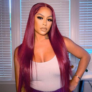 #99J Burgundy Red Glueless Lace Front Human Hair Wig - Body Wave/Straight Pre - Plucked Hairline - Wigtrends