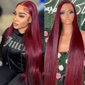 #99J Burgundy Red Glueless Lace Front Human Hair Wig - Body Wave/Straight Pre - Plucked Hairline - Wigtrends