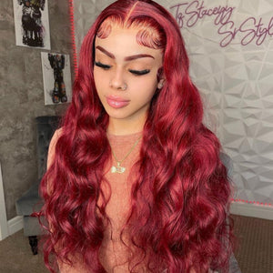 #99J Burgundy Red Glueless Lace Front Human Hair Wig - Body Wave/Straight Pre - Plucked Hairline - Wigtrends
