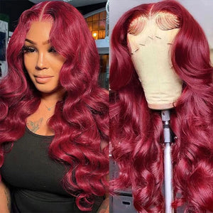 #99J Burgundy Red Glueless Lace Front Human Hair Wig - Body Wave/Straight Pre - Plucked Hairline - Wigtrends