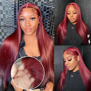 #99J Burgundy Red Glueless Lace Front Human Hair Wig - Body Wave/Straight Pre - Plucked Hairline - Wigtrends