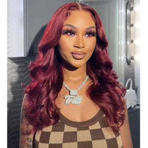 #99J Burgundy Red Glueless Lace Front Human Hair Wig - Body Wave/Straight Pre - Plucked Hairline - Wigtrends