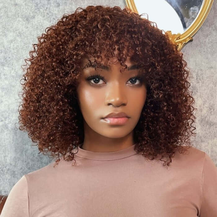 Auburn Brown Curly Wigs with Fluffy Bangs