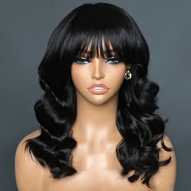 Affordable Natural Black Body Wave Wigs with Bangs - Wigtrends