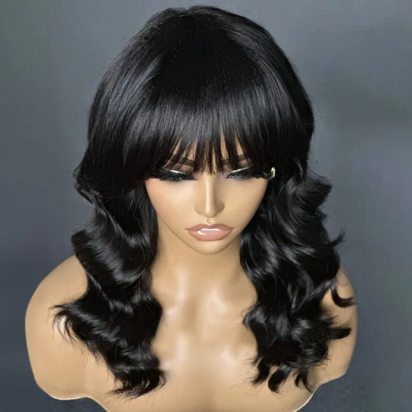 Affordable Natural Black Body Wave Wigs with Bangs - Wigtrends
