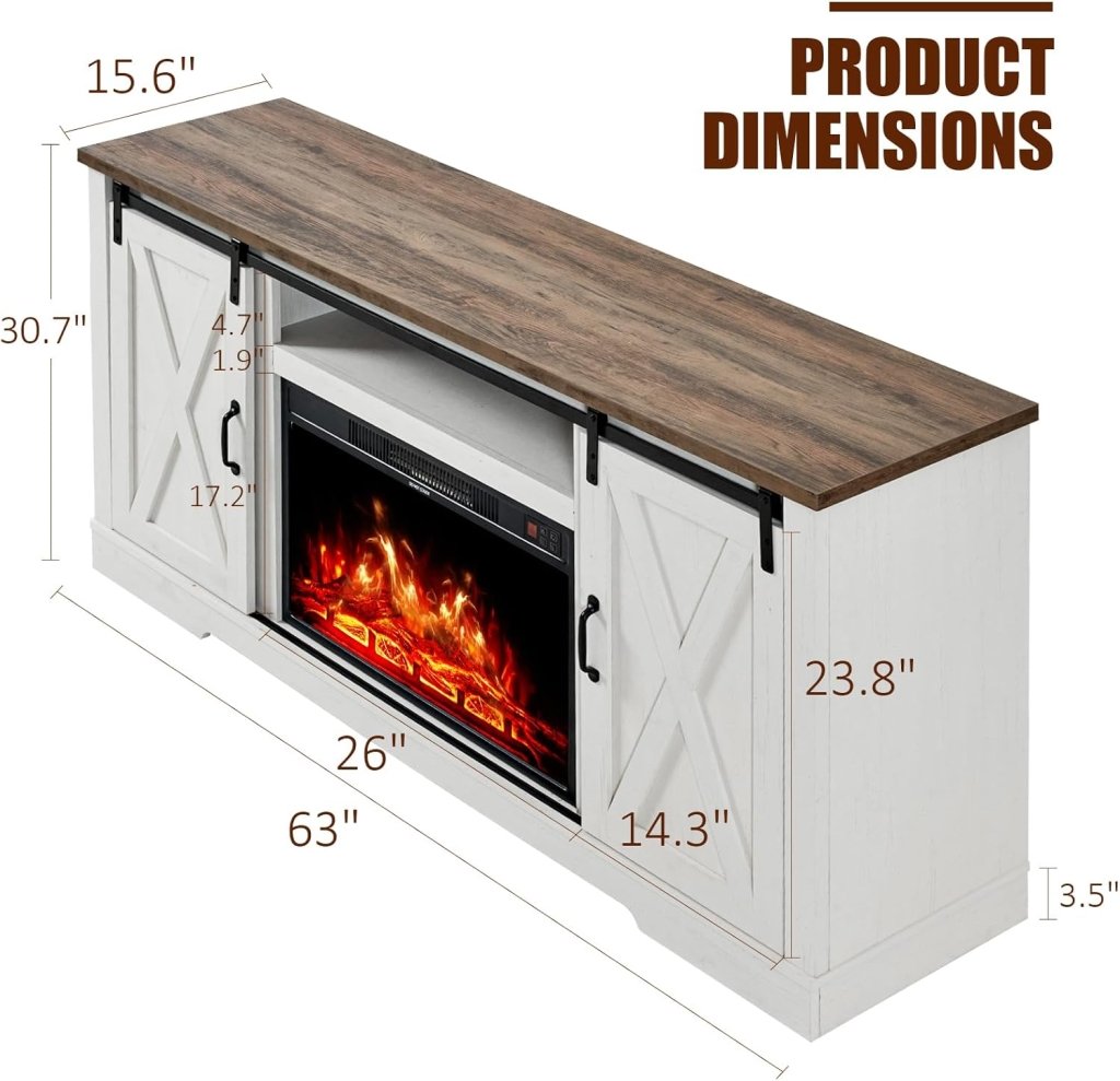AMERLIFE Fireplace TV Stand with Sliding Barn Door for TVs up to 73", Farmhouse 63" Fireplace Entertainment Center with Storage Cabinets/Adjustable Shelves - Wigtrends