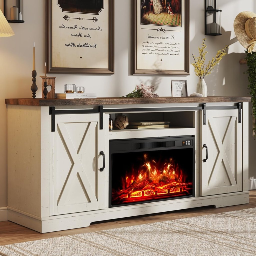 AMERLIFE Fireplace TV Stand with Sliding Barn Door for TVs up to 73", Farmhouse 63" Fireplace Entertainment Center with Storage Cabinets/Adjustable Shelves - Wigtrends