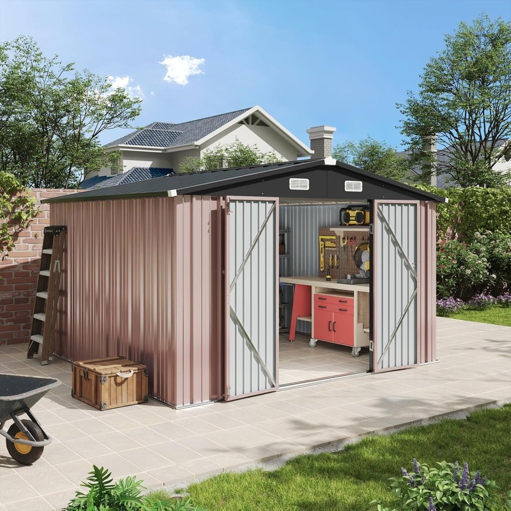 Aoxun 6.2x4 FT Shed Outdoor Storage Shed Metal Garden Shed with Lockable Doors & Slooping Roof Tool Shed Bike Shed for Backyard, Patio, Poolside (Brown) - Wigtrends