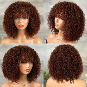 Auburn Brown Curly Wigs with Fluffy Bangs - Wigtrends