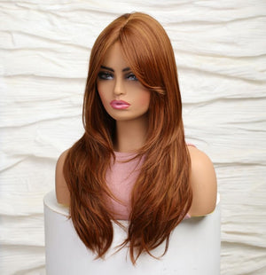 Auburn Red Wigs with Bangs, Copper Red Wigs for Women, Shoulder Length Synthetic Hair Red Full Wig, Middle Length Straight Hair Wig, 20 inch - Wigtrends