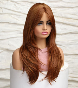 Auburn Red Wigs with Bangs, Copper Red Wigs for Women, Shoulder Length Synthetic Hair Red Full Wig, Middle Length Straight Hair Wig, 20 inch - Wigtrends