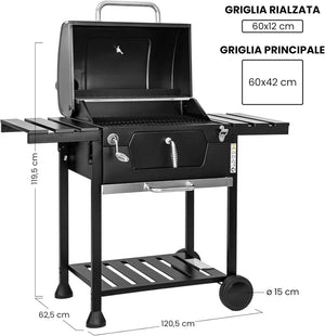 Barbecue a carbone Friend con doppia griglia e regolazione del cestello, barbecue a carbone con coperchio, termometro, ripiani pieghevoli, barbecue a carbone professionale in acciaio - Wigtrends