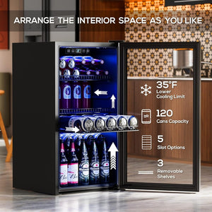 Beverage Refrigerator Cooler - 120 Cans Freestanding Mini Fridge Cooler with Glass Door, Adjustable Shelves & Digital Temperature Display for Soda, Wine or Beer (Black, 3.2 Cu.Ft) - Wigtrends