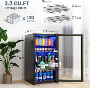 Beverage Refrigerator Cooler - 120 Cans Freestanding Mini Fridge Cooler with Glass Door, Adjustable Shelves & Digital Temperature Display for Soda, Wine or Beer (Black, 3.2 Cu.Ft) - Wigtrends