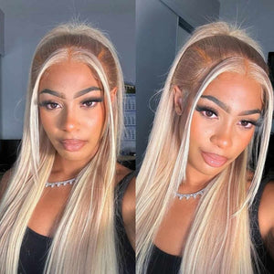 Blowout In Wavy Brown Wig with Blonde Highlights Natural 13x4 Lace Front Human Hair Wigs - Wigtrends
