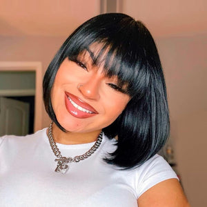Bob Wig With Bangs Short Bob Wig For Black Women Light Yaki Straight Human hair Wigs - Wigtrends