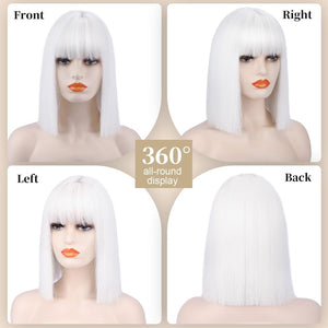 Bob Wig with Bangs Short Straight Wigs for Women Silver White Bob Hair Wig(12Inch) - Wigtrends