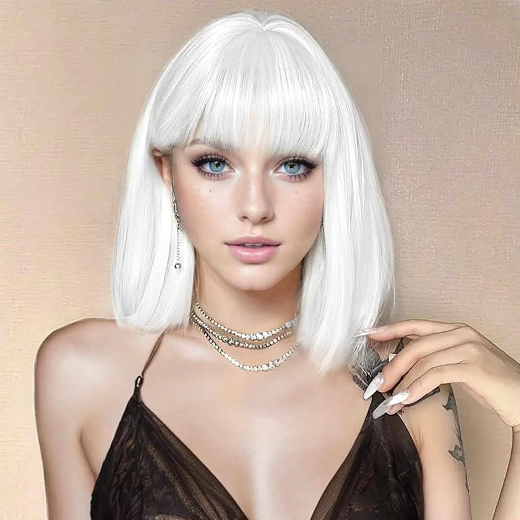 Bob Wig with Bangs Short Straight Wigs for Women Silver White Bob Hair Wig(12Inch) - Wigtrends