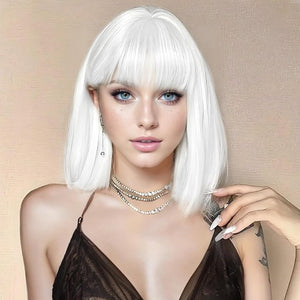 Bob Wig with Bangs Short Straight Wigs for Women Silver White Bob Hair Wig(12Inch) - Wigtrends