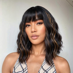Bob Wigs With Bangs Black Mixed Brown Short Wavy Wig - Wigtrends