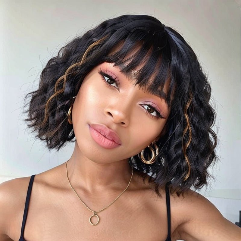 Bob Wigs With Bangs Black Mixed Brown Short Wavy Wig - Wigtrends
