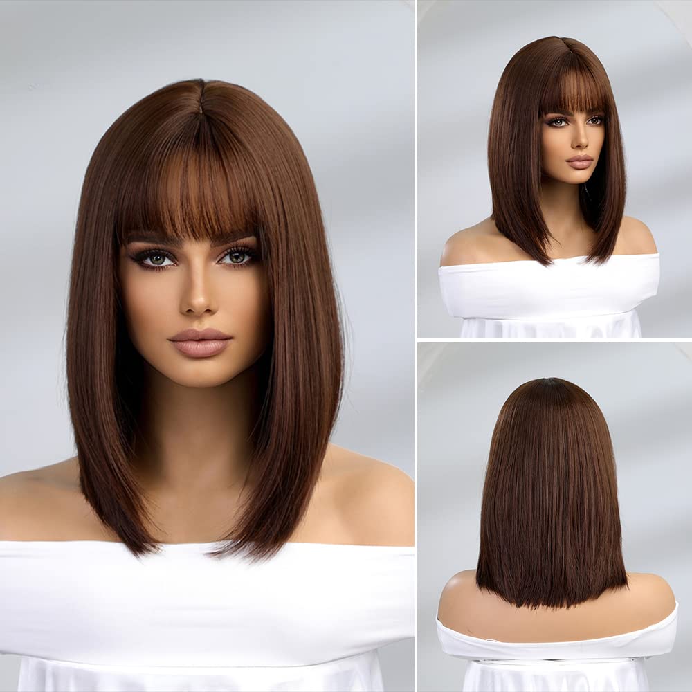 Brown Bob Wig with Bangs for Women Short 100% Human Hair Wig is Slightly Reddish in the Sun - Wigtrends