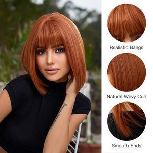 Brown Bob Wig with Bangs for Women Short 100% Human Hair Wig is Slightly Reddish in the Sun - Wigtrends