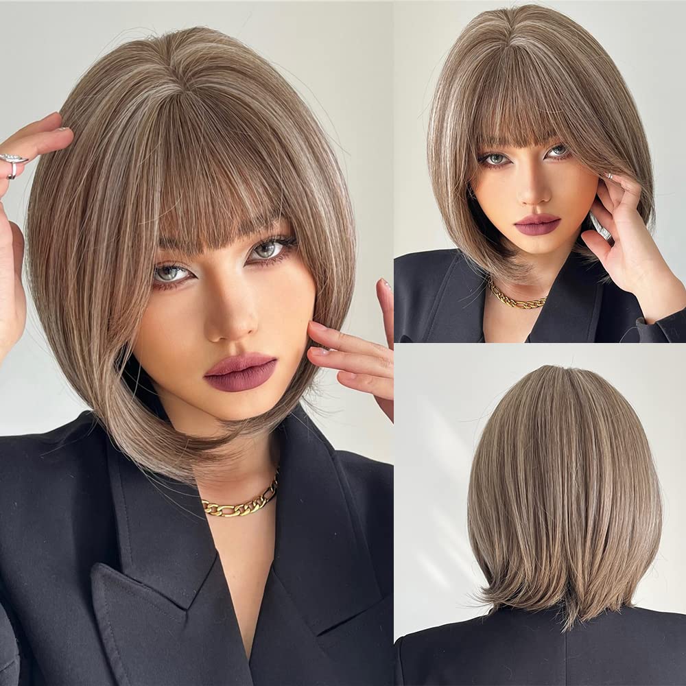 Brown Bob Wig with Bangs for Women Short 100% Human Hair Wig is Slightly Reddish in the Sun - Wigtrends