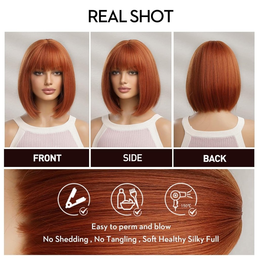 Brown Bob Wig with Bangs for Women Short 100% Human Hair Wig is Slightly Reddish in the Sun - Wigtrends