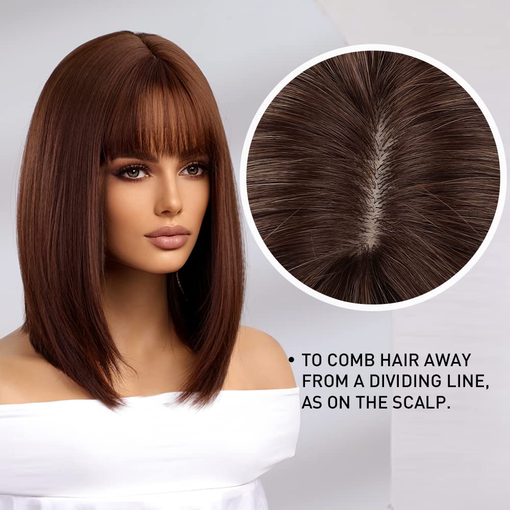Brown Bob Wig with Bangs for Women Short 100% Human Hair Wig is Slightly Reddish in the Sun - Wigtrends