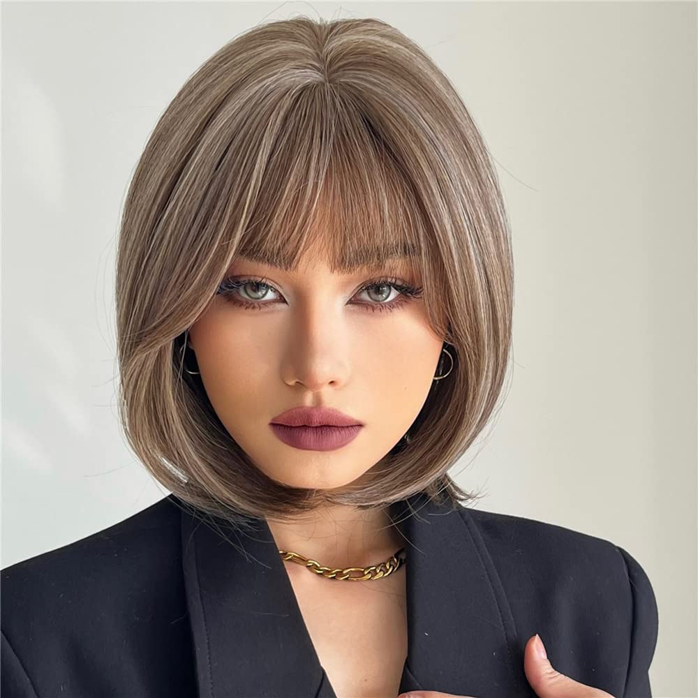 Brown Bob Wig with Bangs for Women Short 100% Human Hair Wig is Slightly Reddish in the Sun - Wigtrends