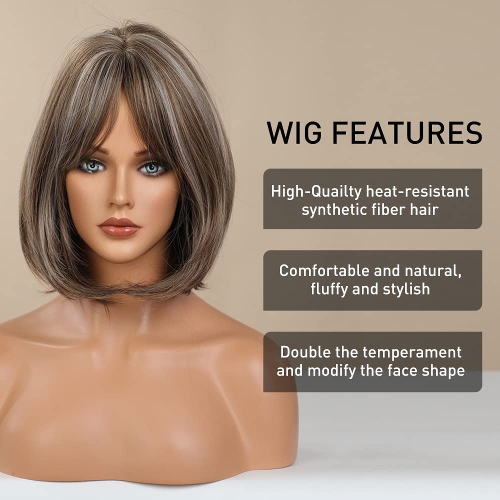 Brown Bob Wig with Bangs for Women Short 100% Human Hair Wig is Slightly Reddish in the Sun - Wigtrends