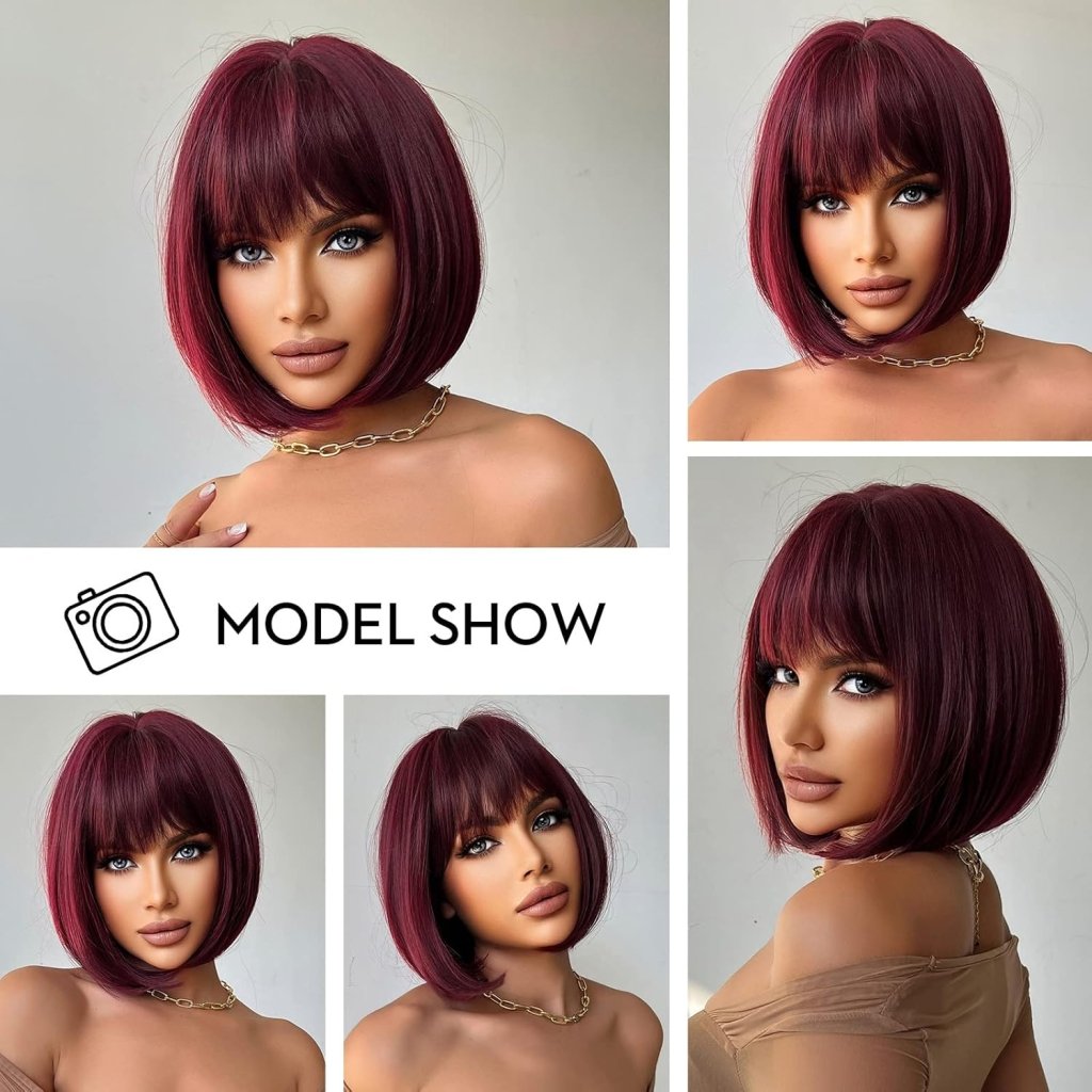 Brown Bob Wig with Bangs for Women Short 100% Human Hair Wig is Slightly Reddish in the Sun - Wigtrends