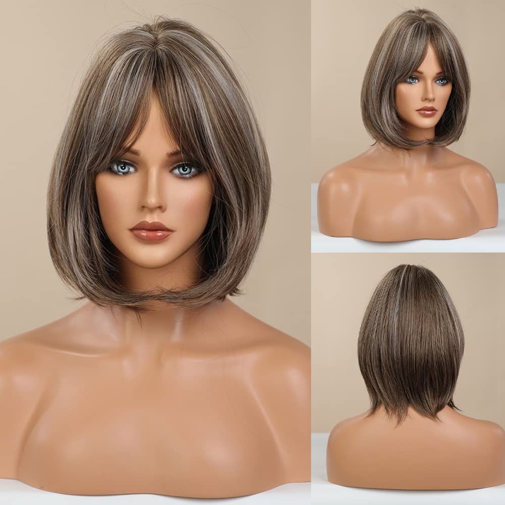 Brown Bob Wig with Bangs for Women Short 100% Human Hair Wig is Slightly Reddish in the Sun - Wigtrends